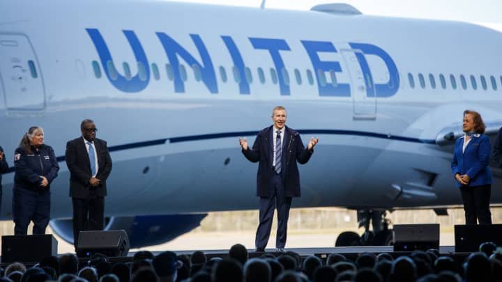 United Airlines CEO Scott Kirby speaks during a joint press event with Boeing at the Boeing manufacturing facility in North Charleston, South Carolina, on December 13, 2022.