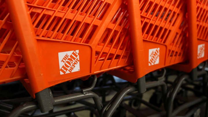Shopping carts at a Home Depot store in New York, Feb. 25, 2025.