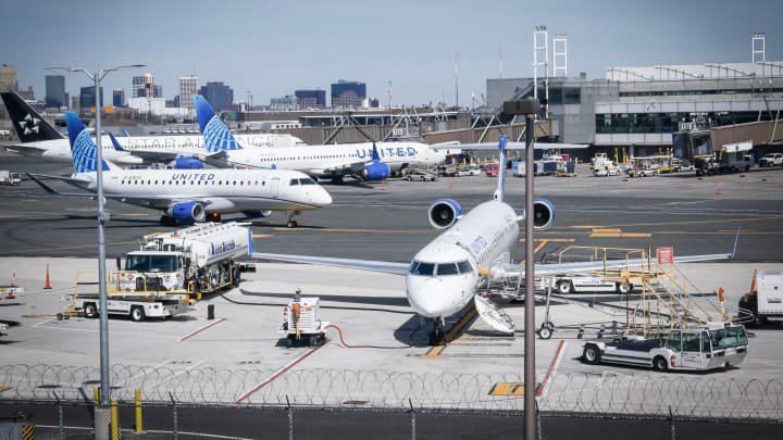 United Airlines planes sit on the tarmac at Newark Liberty International Airport in Newark, New Jersey, on March 18, 2026.