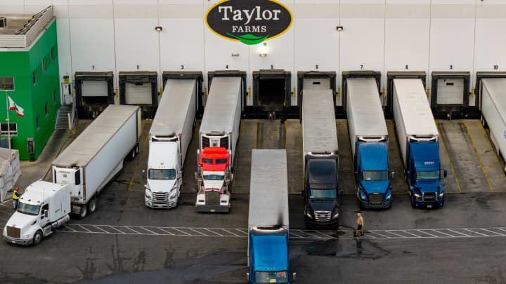 Tractor trailers at a Taylor Farms facility in Salinas, California, Aug. 10, 2026.