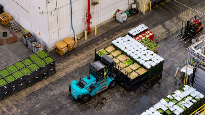 A forklift transports crates of produce at a Taylor Farms facility in Salinas, California, Aug. 10, 2026.