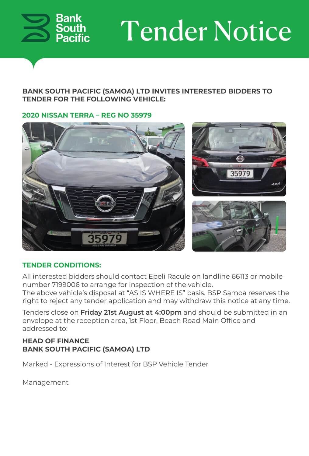 BSP Vehicle Tender Notice