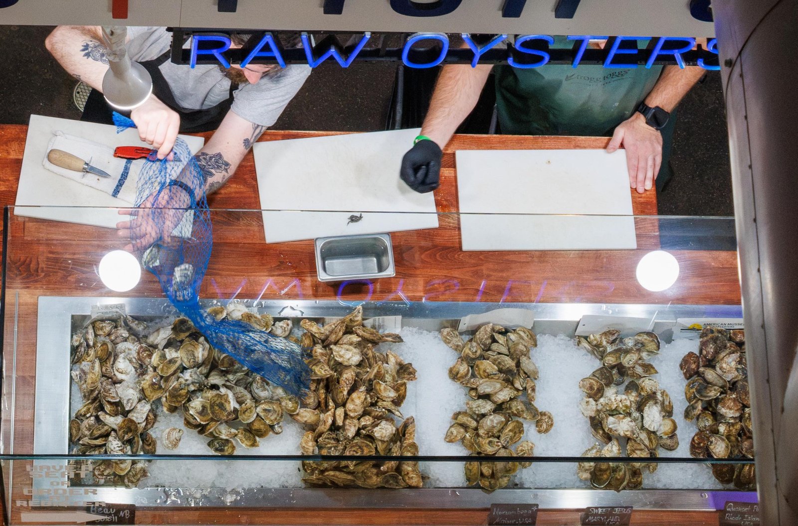 overhead shot of two people shucking oysters, with a raw bar in front of them