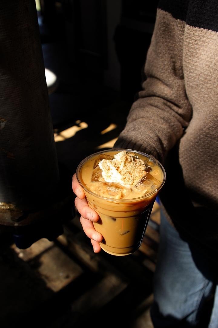 Hand holding an iced latte in a plastic cup