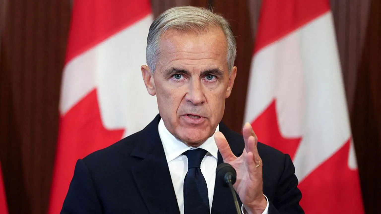 Getty Images Mark Carney gestures as he talks in front of two Canadian flags