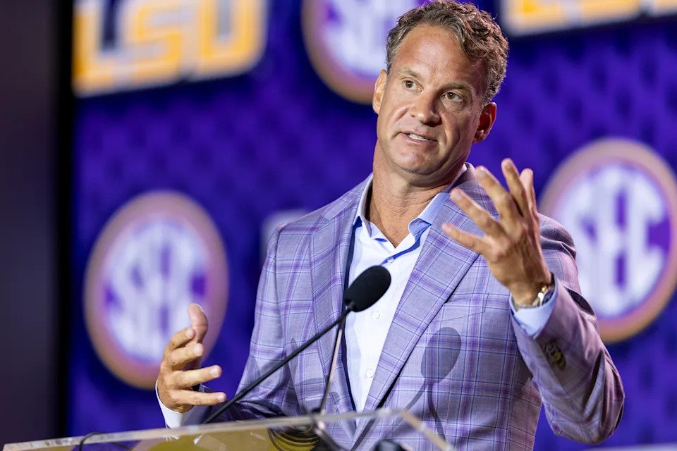 TAMPA, FLORIDA - JULY 23: Head Coach Lane Kiffin of the LSU Tigers speaks at SEC Football Kickoff Media Day at Tampa Marriott Water Street on July 23, 2026 in Tampa, Florida. (Photo by Parker S. Freedman/Getty Images)