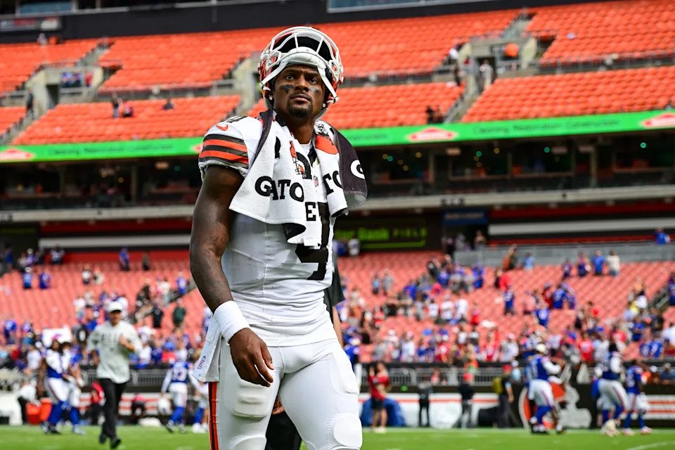 Deshaun Watson of the Cleveland Browns walks off the field after the team's 31-7 loss to the Buffalo Bills in a preseason game on Saturday. (Photo by Nick Cammett/Getty Images)