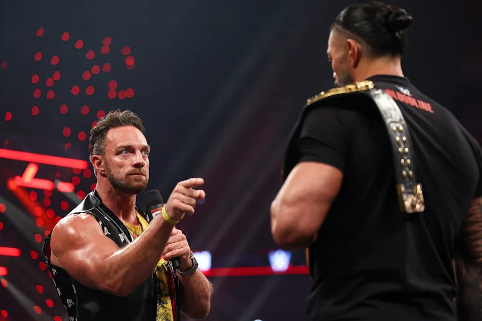 DES MOINES, IOWA - AUGUST 03: LA Knight and Roman Reigns speak during Monday Night RAW at Casey's Center on August 3, 2026 in Des Moines, Iowa. (Photo by Kevin Sebatis/WWE via Getty Images)