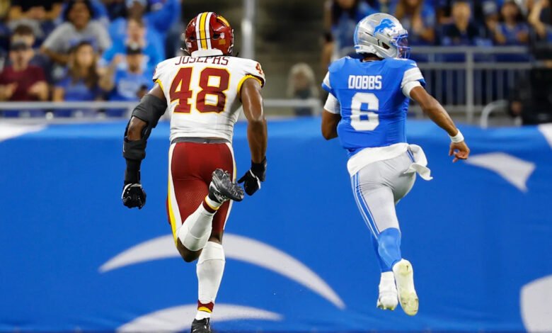 Dobbs overcomes two turnovers with long TD run as Lions beat Commanders, 17 Dobbs overcomes two turnovers with long TD run as Lions beat Commanders, 17