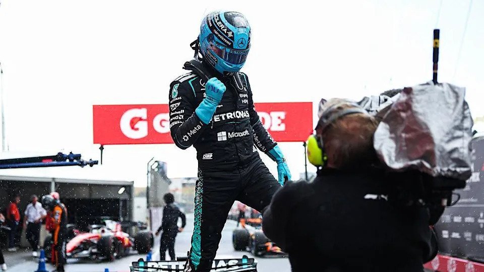 George Russell celebrates winning the sprint race at Zandvoort