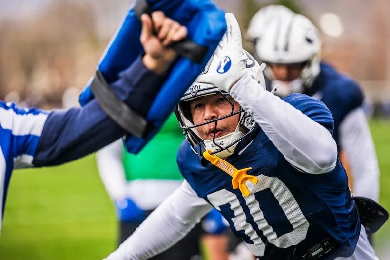 BYU linebacker Braxton Lindsey participates in spring drills March 10, 2026, in Provo. | Nate Edwards, BYU Photo