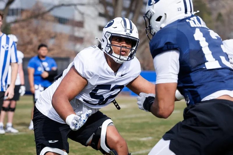 BYU offensive lineman Bott Mulitalo works on his craft March 17, 2026, at BYU's outdoor practice facility. | Jaren Wilkey, BY