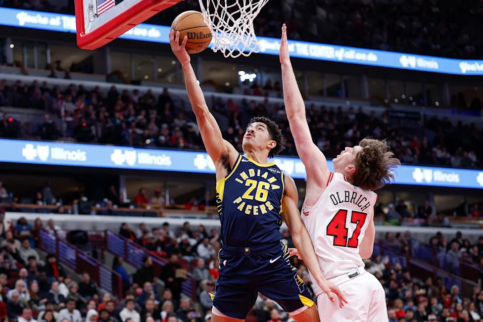 Apr 1, 2026; Chicago, Illinois, USA; Indiana Pacers guard Ben Sheppard (26) goes to the basket against Chicago Bulls center L