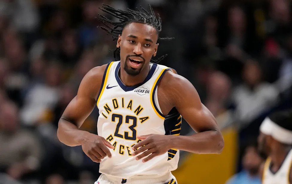 Indiana Pacers guard Aaron Nesmith (23) rushes up the court Wednesday, March 18, 2026, during the game at Gainbridge Fieldhou