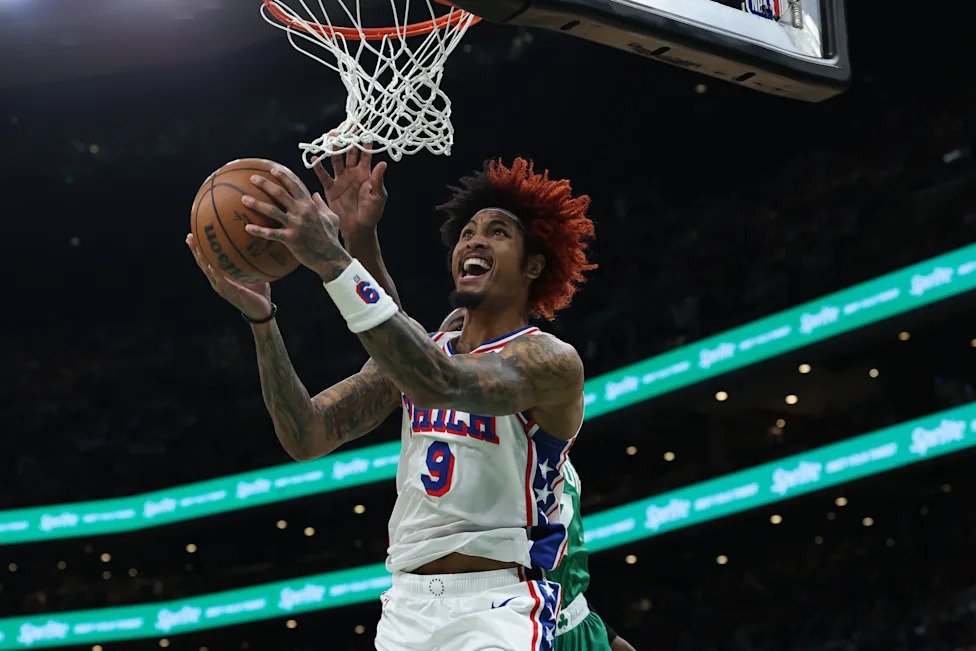 May 2, 2026; Boston, Massachusetts, USA; Philadelphia 76ers guard Kelly Oubre Jr. (9) goes to the basket against the Boston C