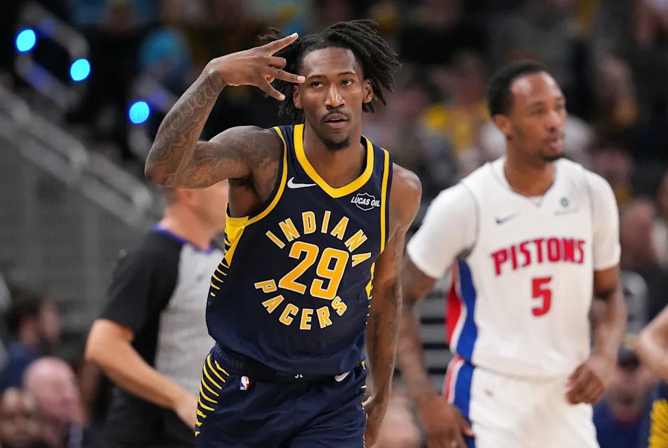 Indiana Pacers guard Quenton Jackson (29) celebrates a throw-point basket Sunday, April 12, 2026, during the game at Gainbrid