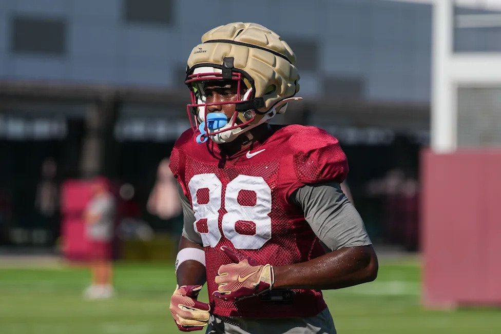 The Florida State Seminole Keenen Jeune (88) puts in work on the field with the first home game just a few weeks away, Thursd