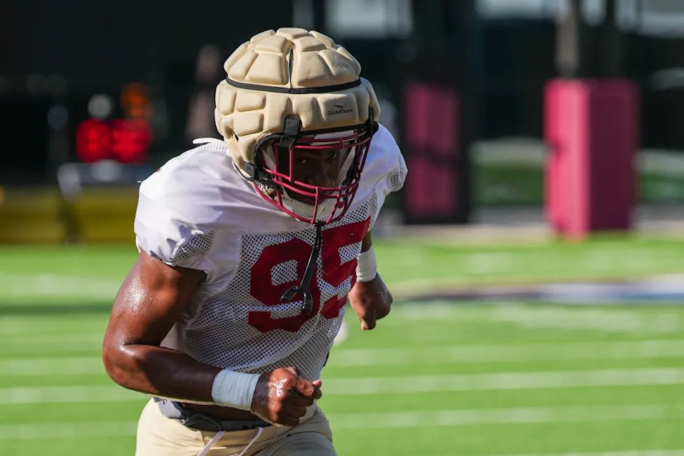 The Florida State Seminole Christian Collins-Murray (95) puts in work on the field with the first home game just a few weeks 