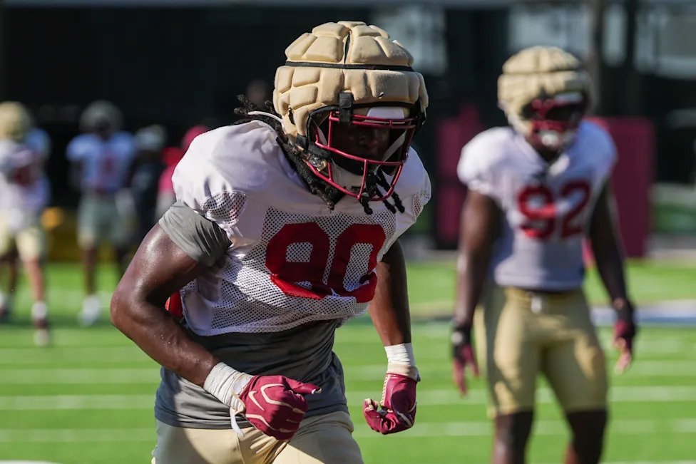 The Florida State Seminole Jaemin Pinckney (90) puts in work on the field with the first home game just a few weeks away, Thu