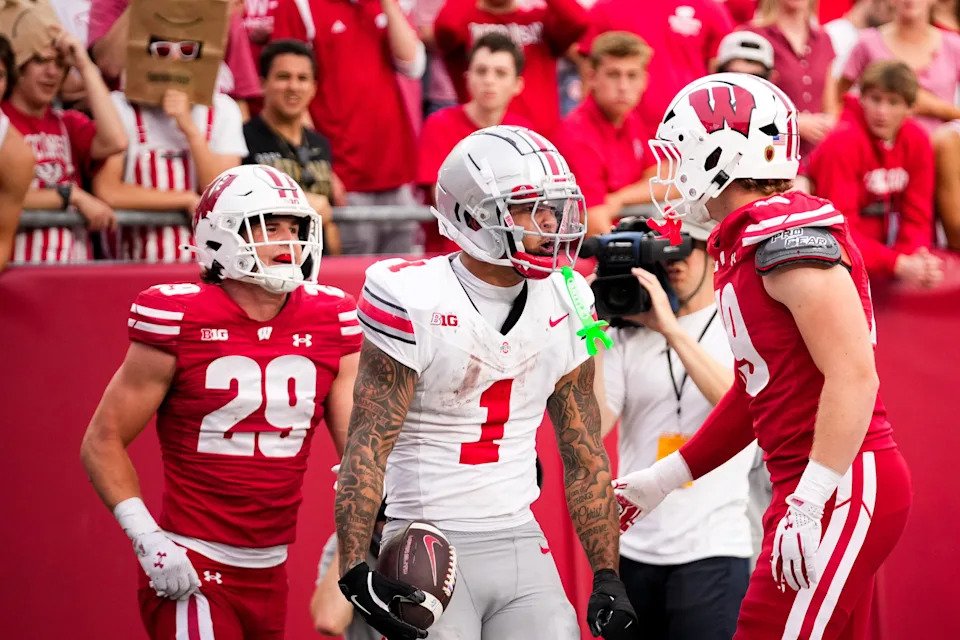 Ohio State Buckeyes wide receiver Brandon Inniss (1) reacts after scoring a touchdown in the second half at Camp Randall Stadium on Saturday, Oct. 18, 2025 in Madison, Wisconsin.