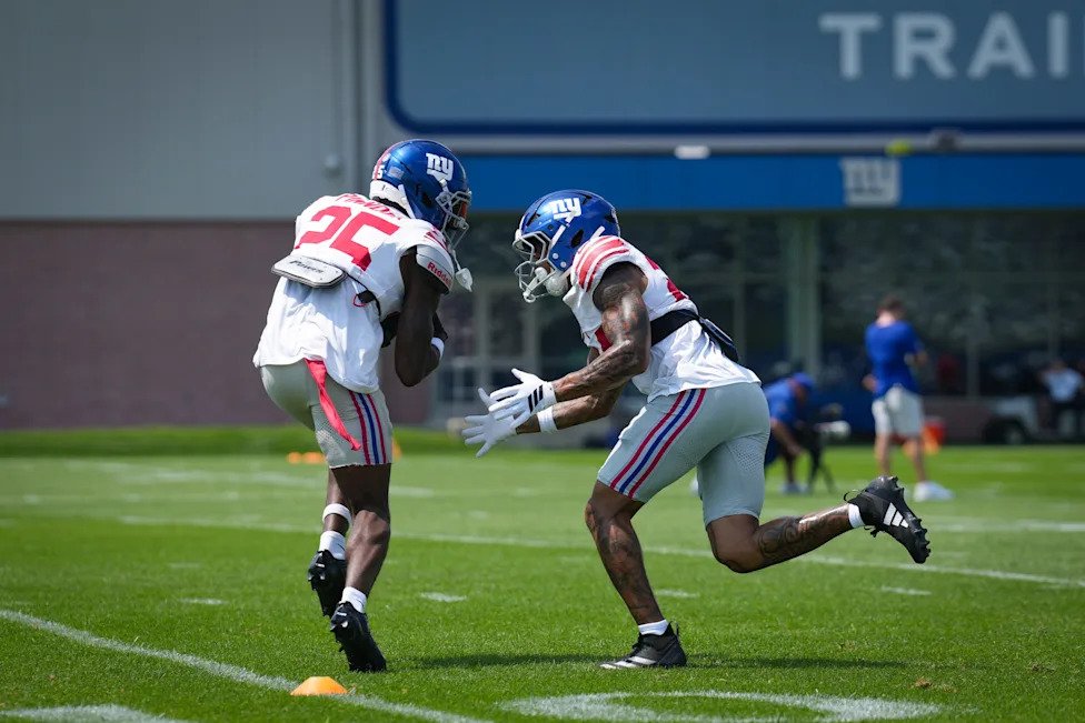 New York Giants safety Jason Pinnock (25) catches the ball while training at Quest Diagnostics Training Center, Aug 10, 2026,