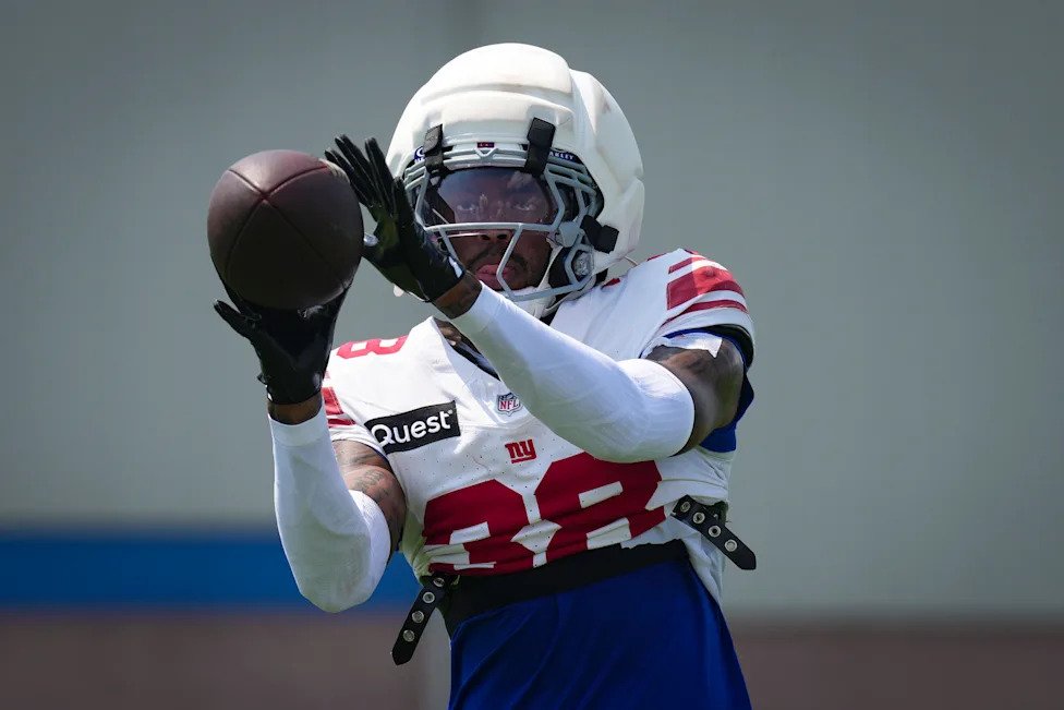 New York Giants cornerback Korie Black (38) catches the ball while training at Quest Diagnostics Training Center, Aug 10, 202