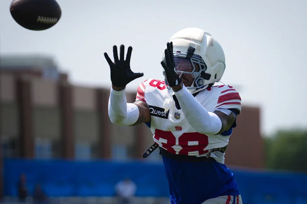 New York Giants cornerback Korie Black (38) catches the ball while training at Quest Diagnostics Training Center, Aug 10, 202