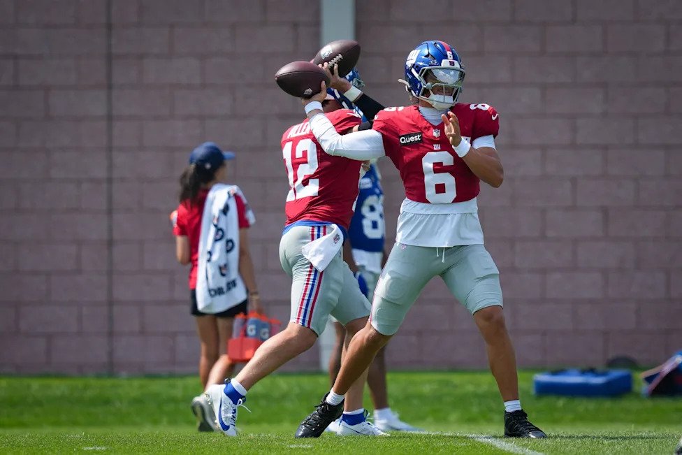 New York Giants quarterback Jaxson Dart (6) throws the ball while training at Quest Diagnostics Training Center, Aug 10, 2026