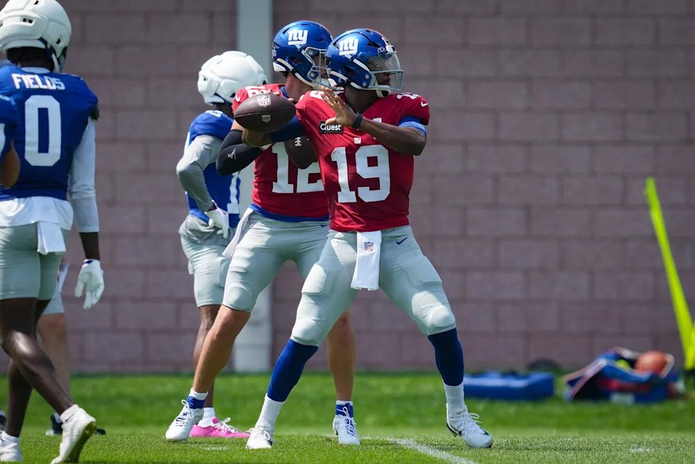 New York Giants quarterback Jameis Winston (19) throws the ball while training at Quest Diagnostics Training Center, Aug 10,