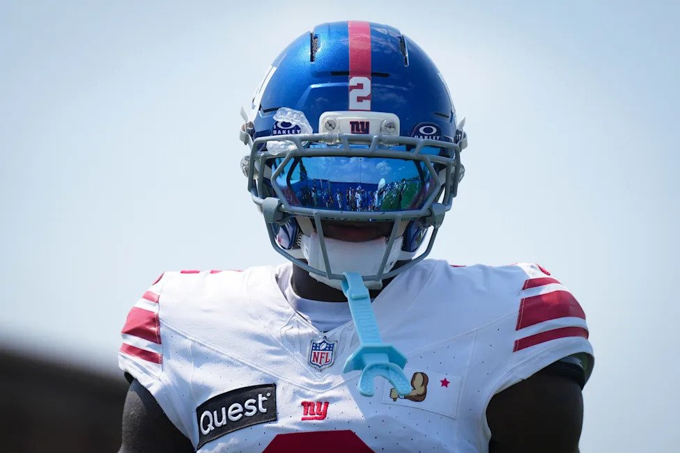 New York Giants cornerback Deonte Banks (2) looks on while training at Quest Diagnostics Training Center, Aug 10, 2026, East