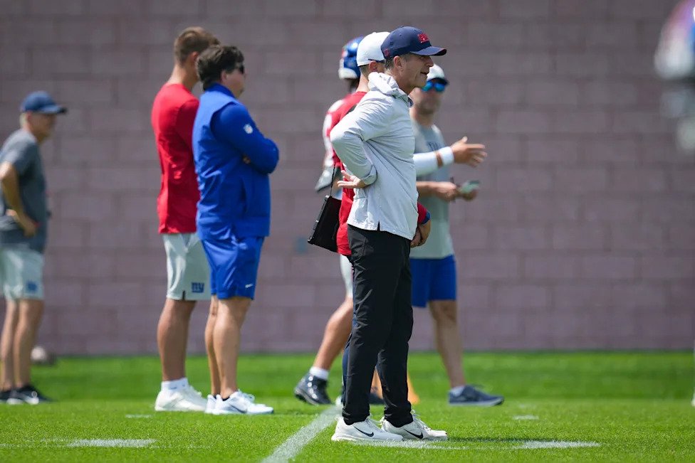 New Year Giants head coach John Harbaugh looks on during training camp at Quest Diagnostics Training Center, Aug 10, 2026, Ea