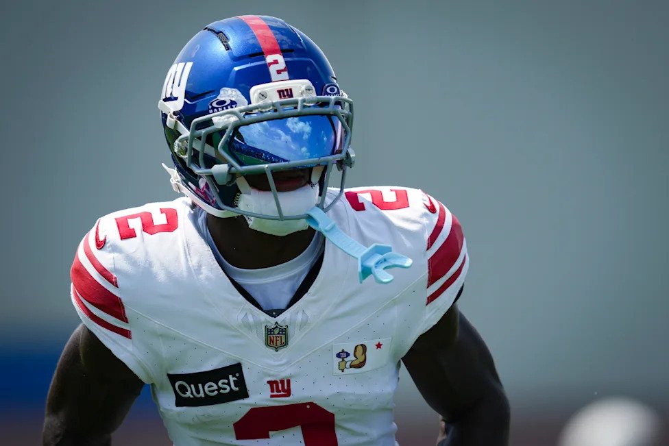 New York Giants cornerback Deonte Banks (2) looks on while training at Quest Diagnostics Training Center, Aug 10, 2026, East