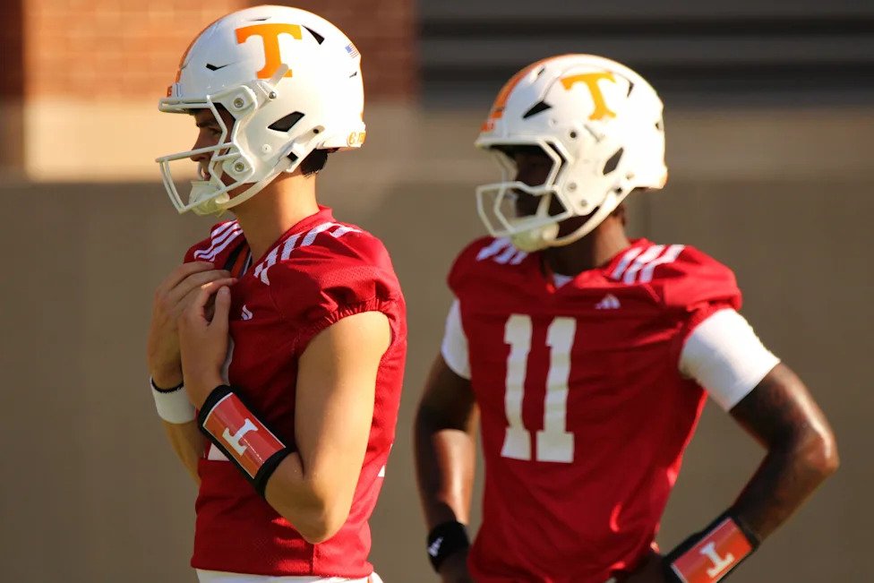 George MacIntyre (L) and Faizon Brandon (R). Tennessee Volunteers kick off fall training camp at Haslam Field in Knoxville, T