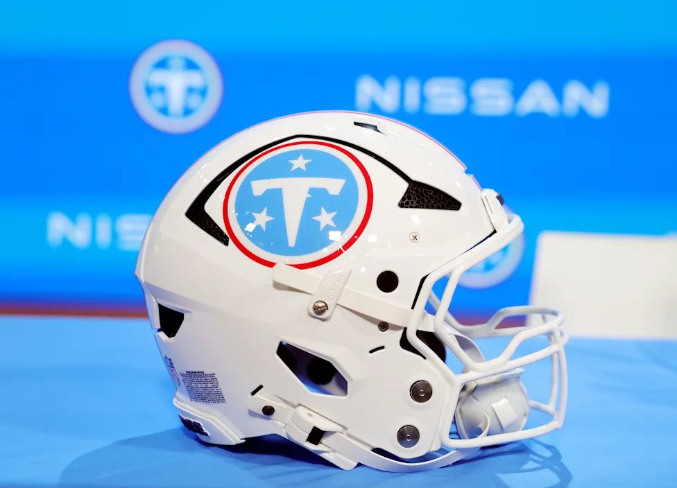 Photo of the new Titans helmets set up during a pre NFL draft press conference held at the Titans practice facility Thursday,