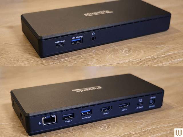 Front and back view of black rectangular device with multiple ports