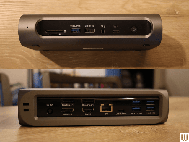 Front and back view of grey rectangular device with multiple ports