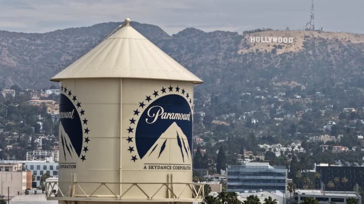The Paramount logo the water tower at the Paramount Studios lot on July 13, 2026, in Los Angeles, California.