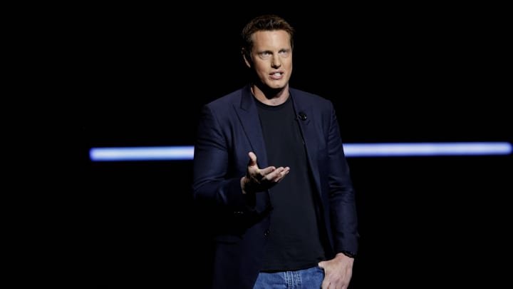 David Ellison, CEO of Paramount Skydance, speaks during the Paramount Pictures presentation at CinemaCon, the official convention of Cinema United, in Las Vegas, Nevada, April 16, 2026.