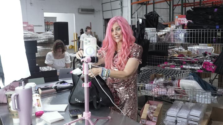 Beachwaver CEO Sarah Potempa hosts livestreams from the company's warehouse in Gurnee, Illinois.