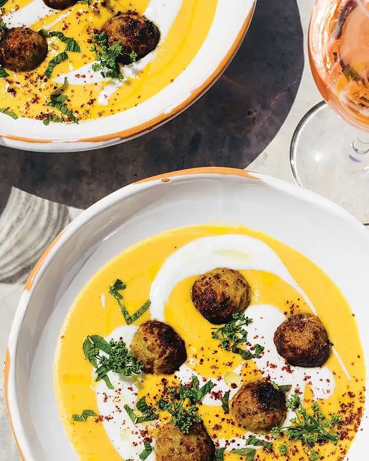 Yellow Tomato Soup with Lamb Meatballs, Yogurt, and Mint Yellow Tomato Soup with Lamb Meatballs, Yogurt, and Mint