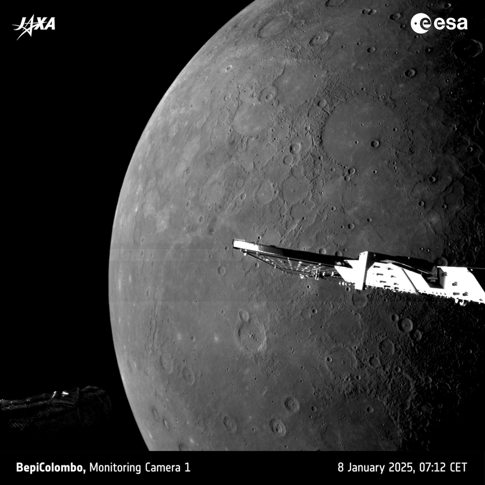 A monitoring camera onboard the Mercury Transfer Module captured this view of Mercury’s cratered surface during a flyby on Ja
