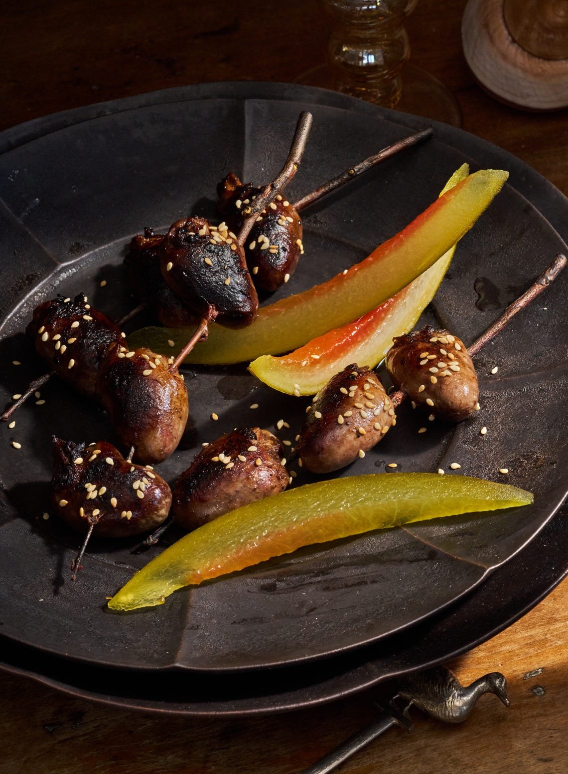 Yakitori-Style Duck Hearts with Pickled Watermelon Rind Yakitori-Style Duck Hearts with Pickled Watermelon Rind