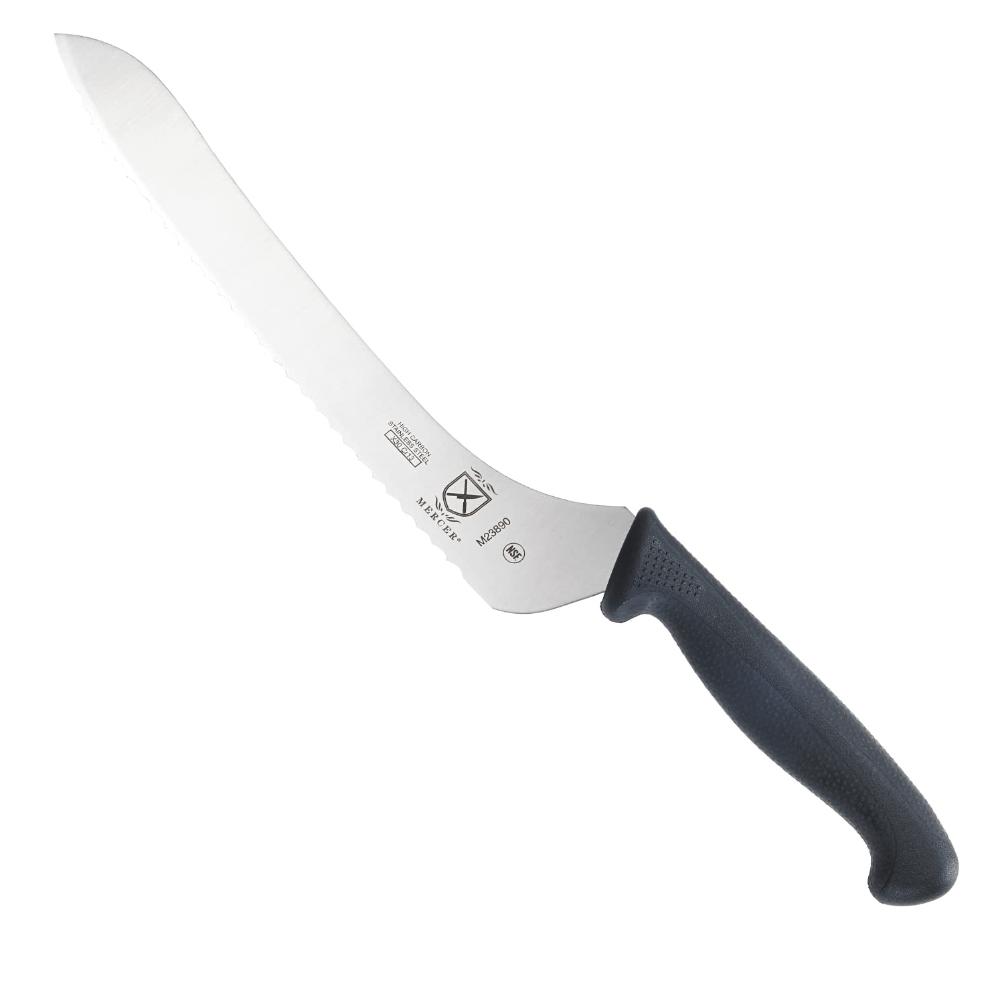 A long, black-handled bread knife.
