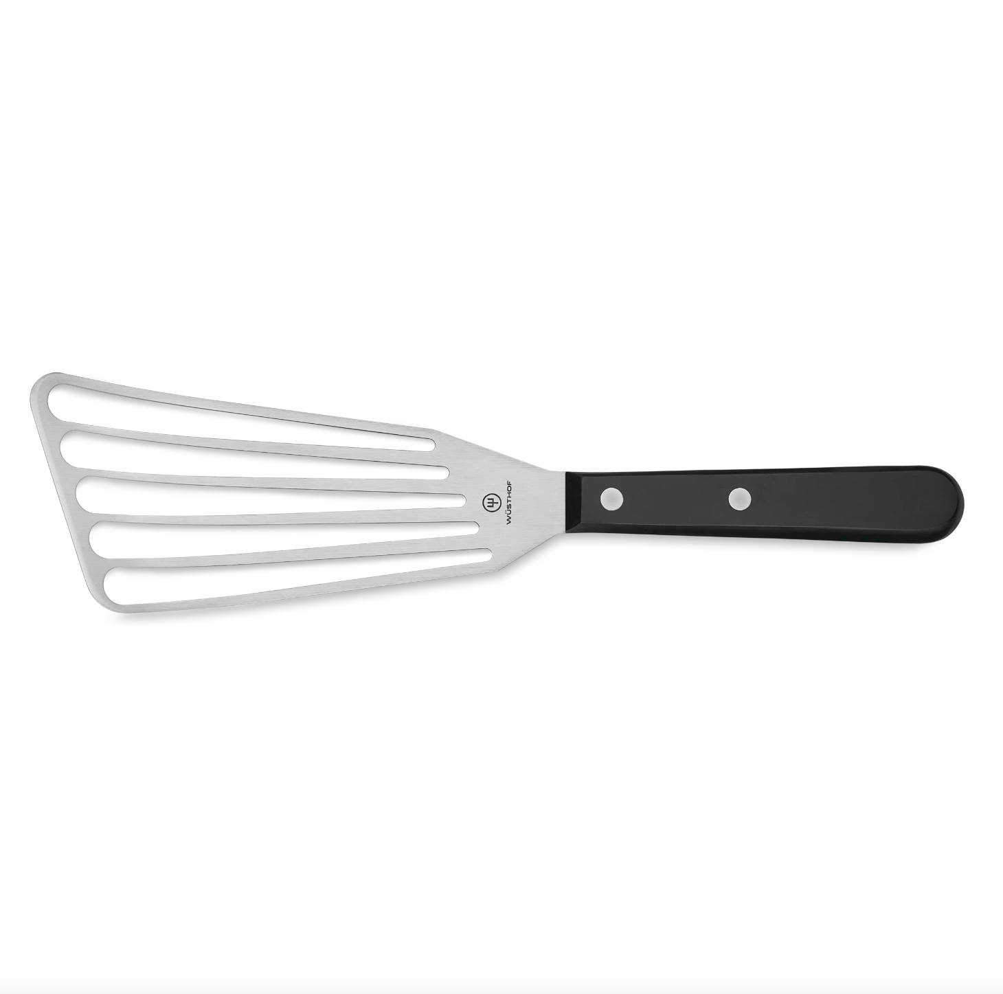 metal slotted fish spatula with a black handle on a white backdrop.