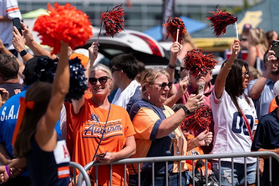 Auburn Tigers fans cheer on their team before Auburn Tigers take on Baylor Bears in the Aflac Kickoff Game at Mercedes-Benz S