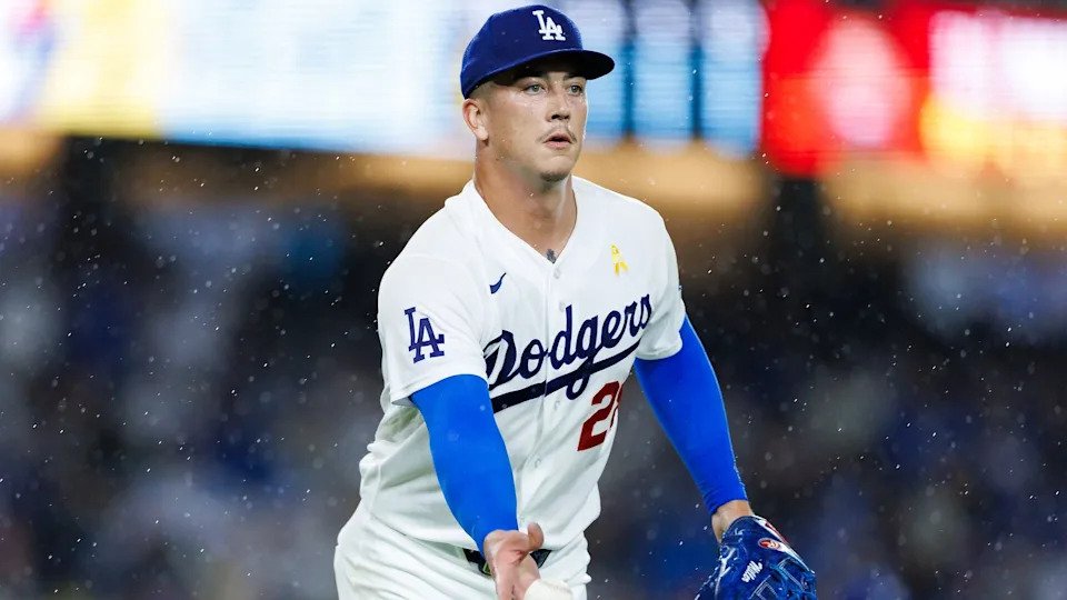 Bobby Miller #28 of the Los Angeles Dodgers throws to first base during the game against the Washington Nationals at Dodger Stadium on September 6, 2026 in Los Angeles, California.