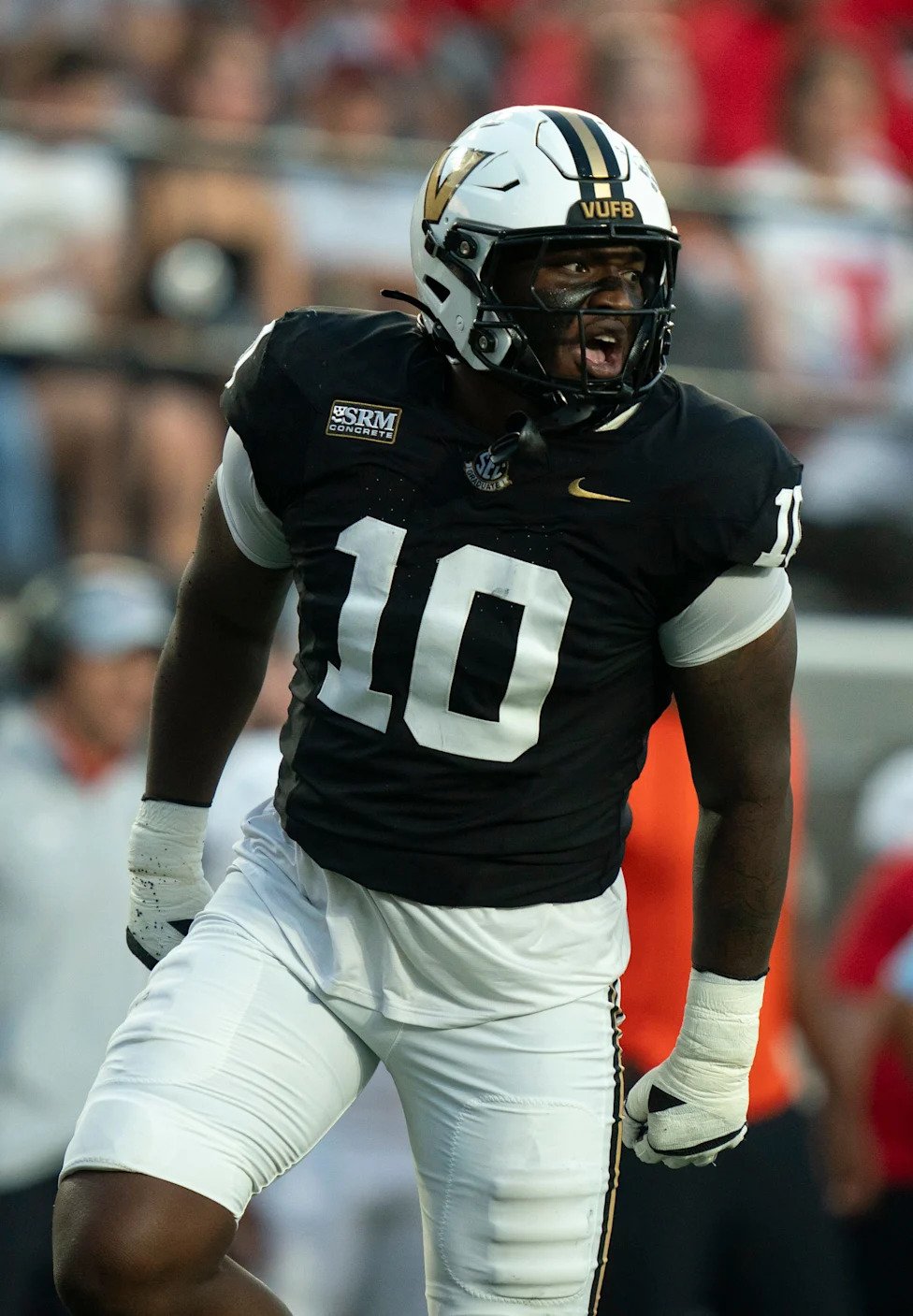 Vanderbilt defensive end Brian Allen (10) celebrates a sack against  Austin Peay quarterback Chris Parson (3) during their ga