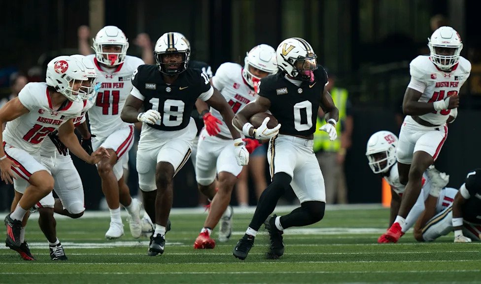 Vanderbilt wide receiver Junior Sherrill (0) runs after a catch against Austin Peay during their game at FirstBank Stadium at