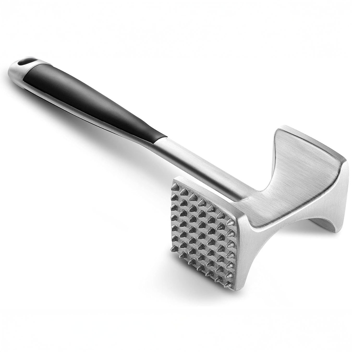 metal meat tenderizer with black handle.