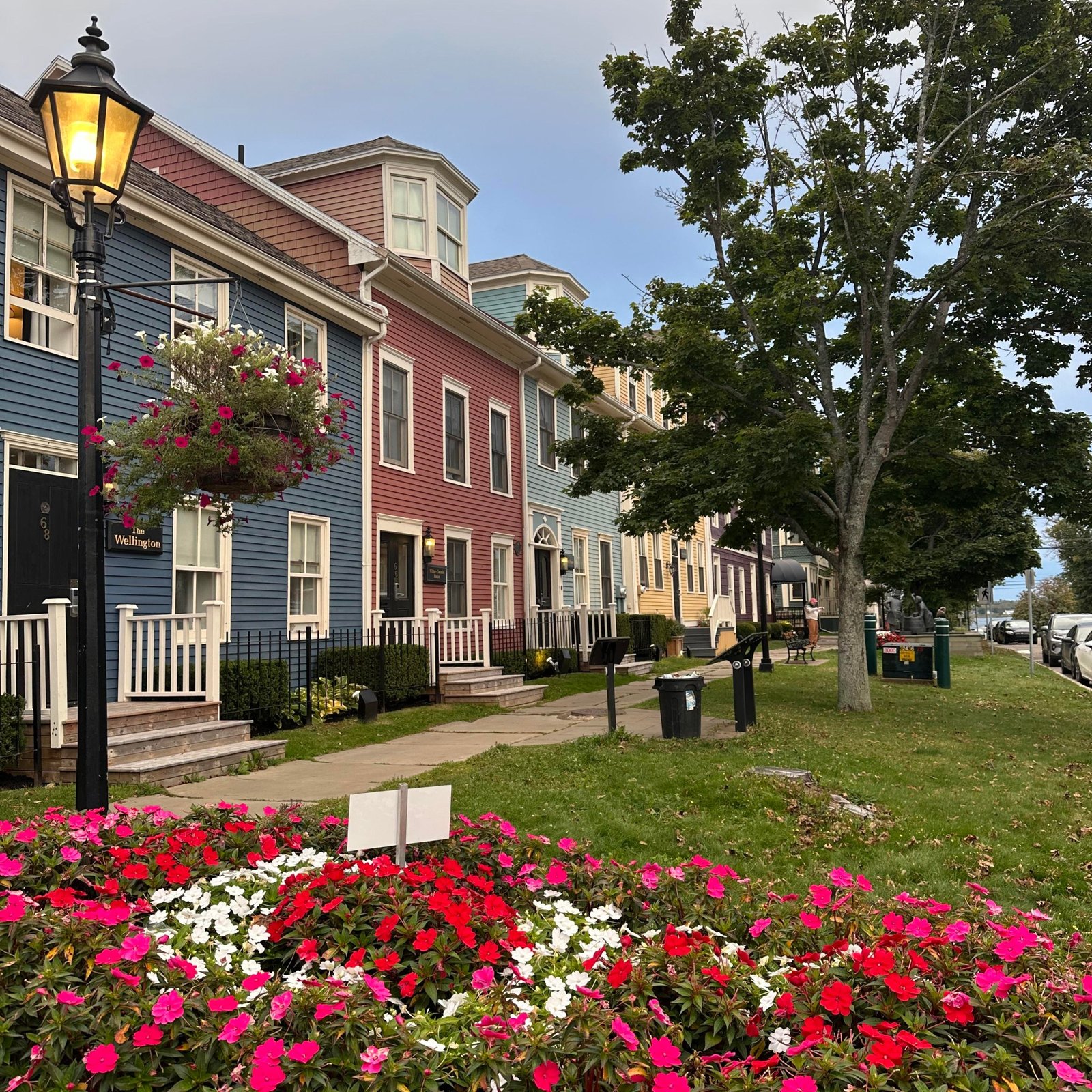 Wooden rowhouses, with pink, red, and white petunias in the foreground.